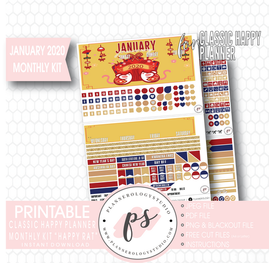 Happy Rat (Chinese/Lunar New Year) January 2020 Monthly View Kit Digital Printable Planner Stickers (for use with Classic Happy Planner) - Plannerologystudio