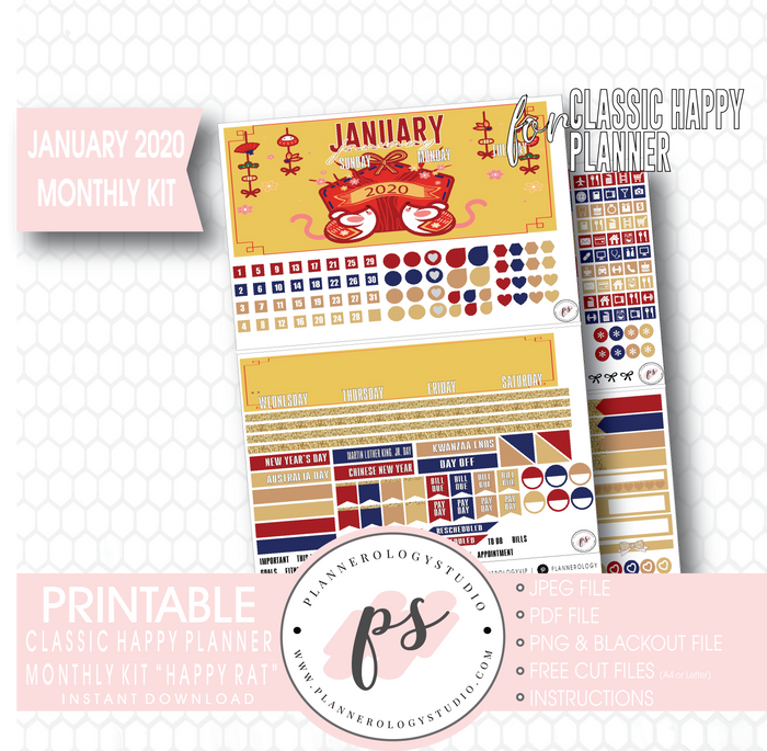 Happy Rat (Chinese/Lunar New Year) January 2020 Monthly View Kit Digital Printable Planner Stickers (for use with Classic Happy Planner) - Plannerologystudio