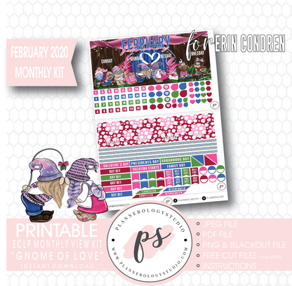 Gnome of Love (Valentines Day) February 2020 Monthly View Kit Digital Printable Planner Stickers (for use with Erin Condren) - Plannerologystudio