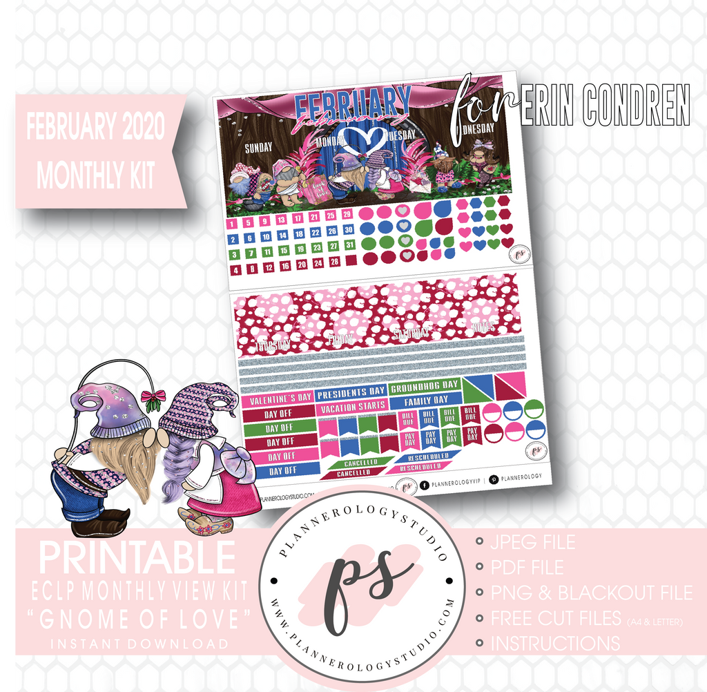 Gnome of Love (Valentines Day) February 2020 Monthly View Kit Digital Printable Planner Stickers (for use with Erin Condren) - Plannerologystudio