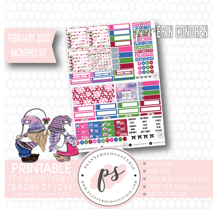 Gnome of Love (Valentines Day) February 2020 Monthly View Kit Digital Printable Planner Stickers (for use with Erin Condren) - Plannerologystudio