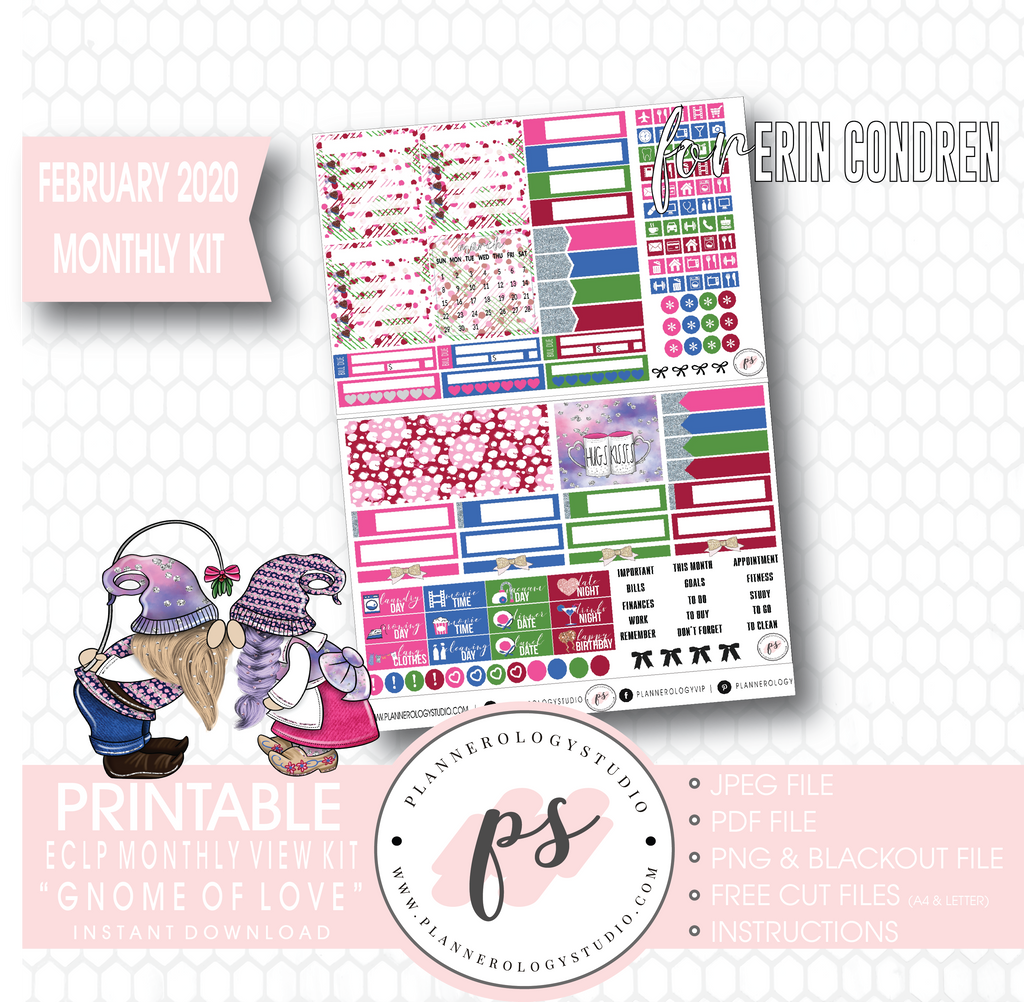 Gnome of Love (Valentines Day) February 2020 Monthly View Kit Digital Printable Planner Stickers (for use with Erin Condren) - Plannerologystudio
