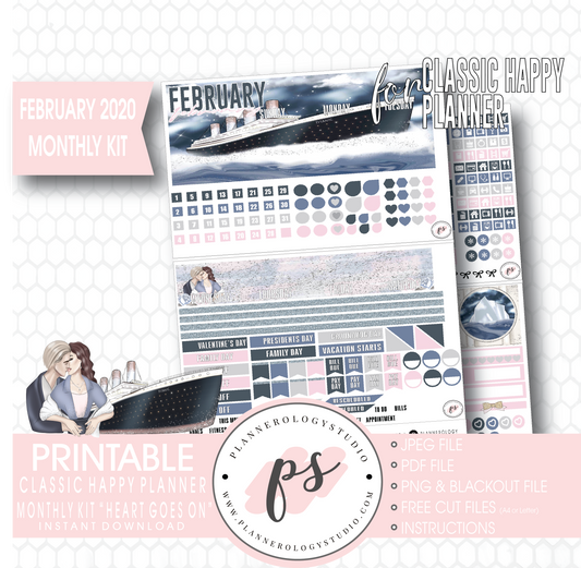Heart Goes On (Titanic) February 2020 Monthly View Kit Digital Printable Planner Stickers (for use with Classic Happy Planner) - Plannerologystudio