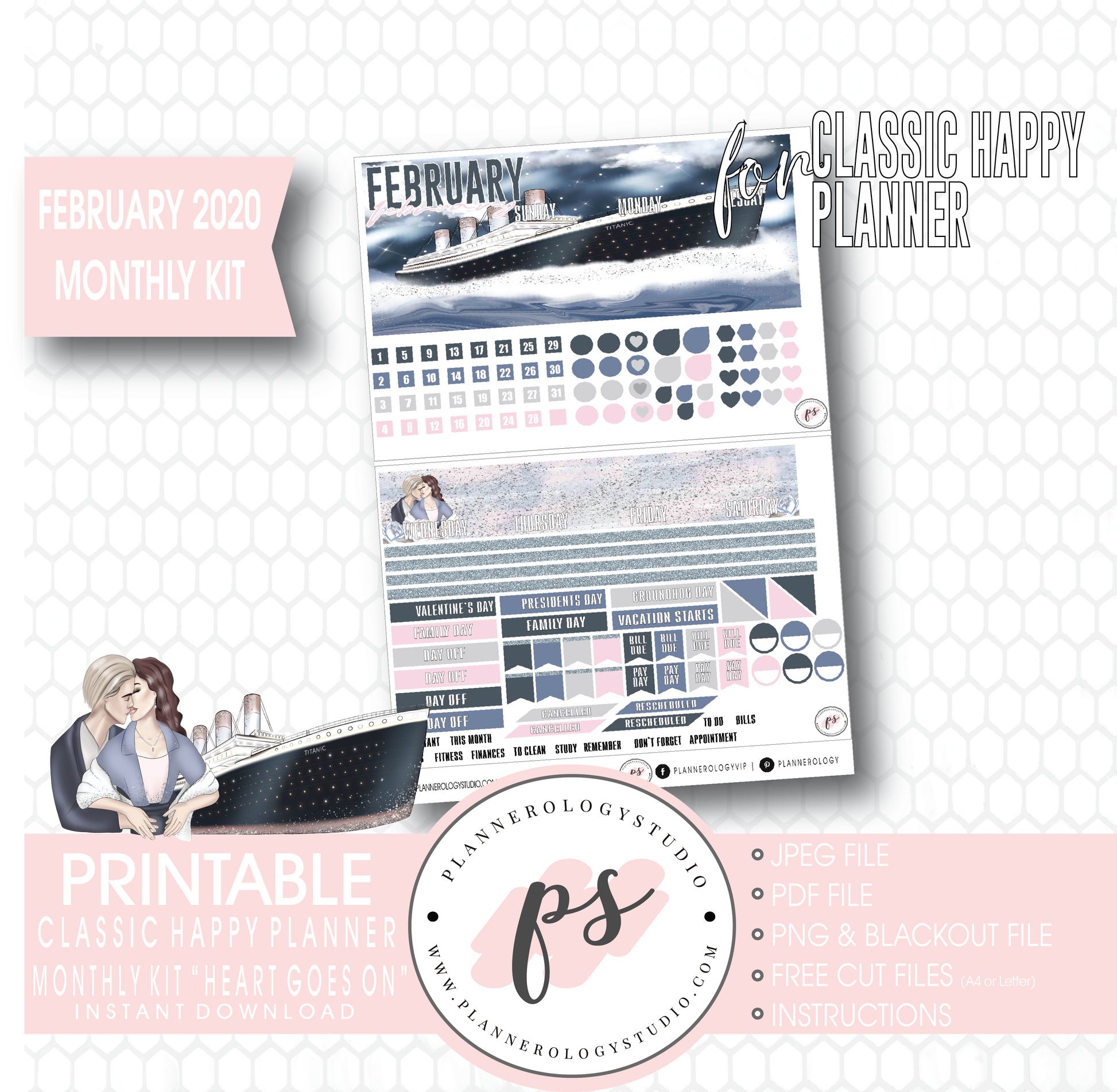 Heart Goes On (Titanic) February 2020 Monthly View Kit Digital Printable Planner Stickers (for use with Classic Happy Planner) - Plannerologystudio