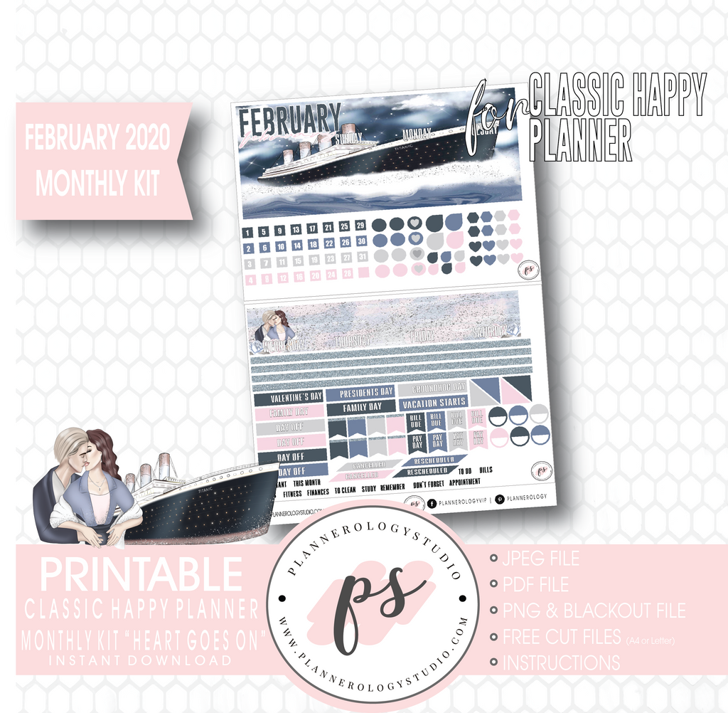 Heart Goes On (Titanic) February 2020 Monthly View Kit Digital Printable Planner Stickers (for use with Classic Happy Planner) - Plannerologystudio