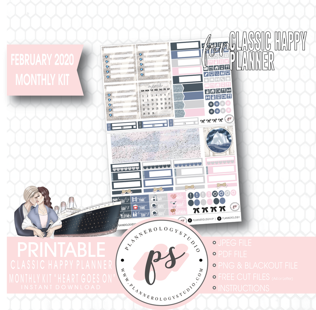 Heart Goes On (Titanic) February 2020 Monthly View Kit Digital Printable Planner Stickers (for use with Classic Happy Planner) - Plannerologystudio