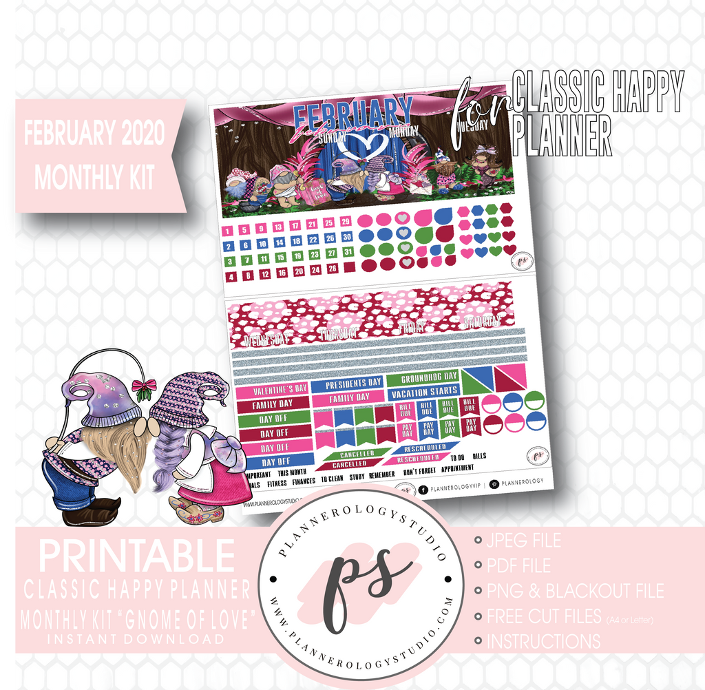 Gnome of Love (Valentines Day) February 2020 Monthly View Kit Digital Printable Planner Stickers (for use with Classic Happy Planner) - Plannerologystudio