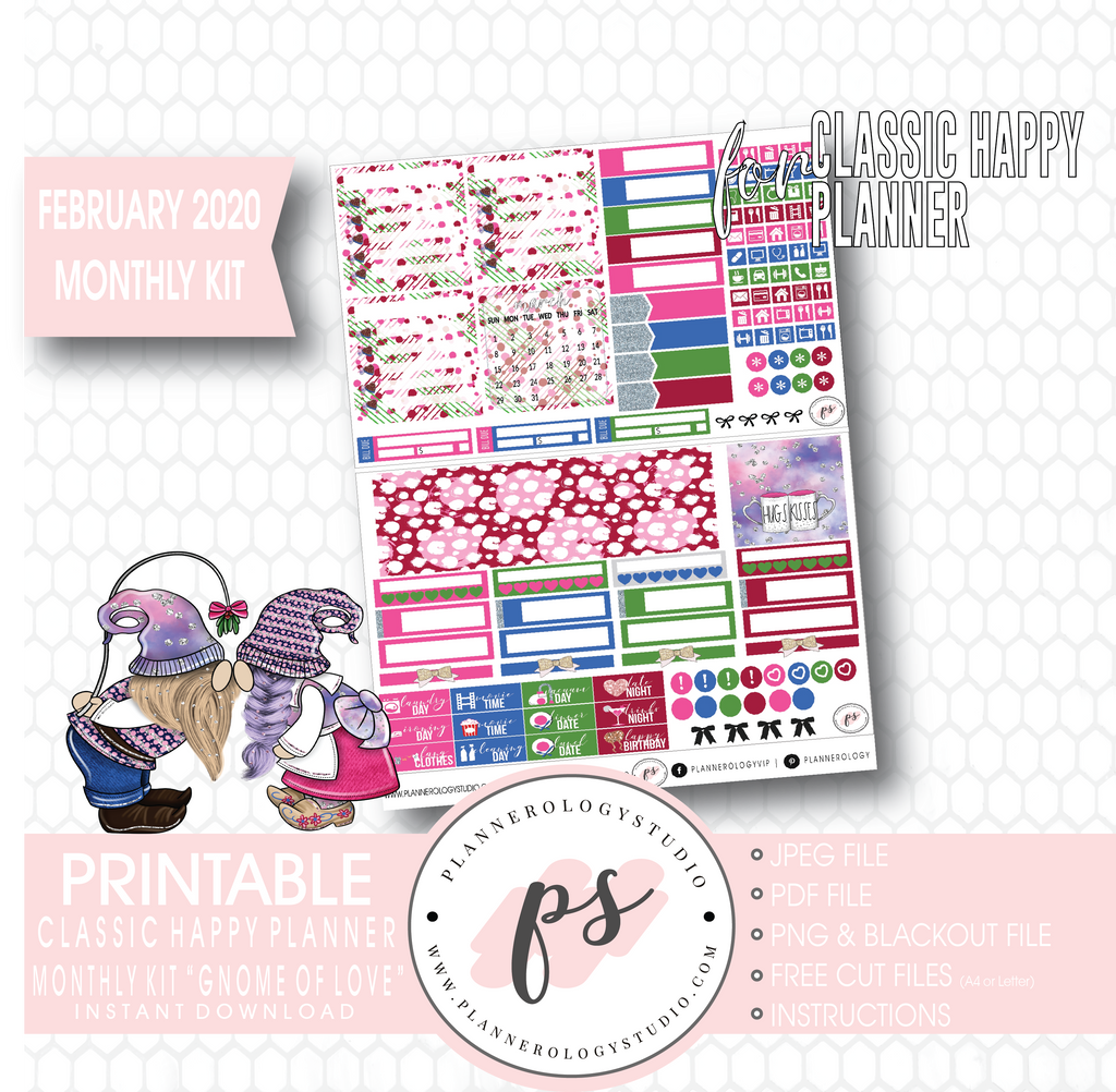 Gnome of Love (Valentines Day) February 2020 Monthly View Kit Digital Printable Planner Stickers (for use with Classic Happy Planner) - Plannerologystudio