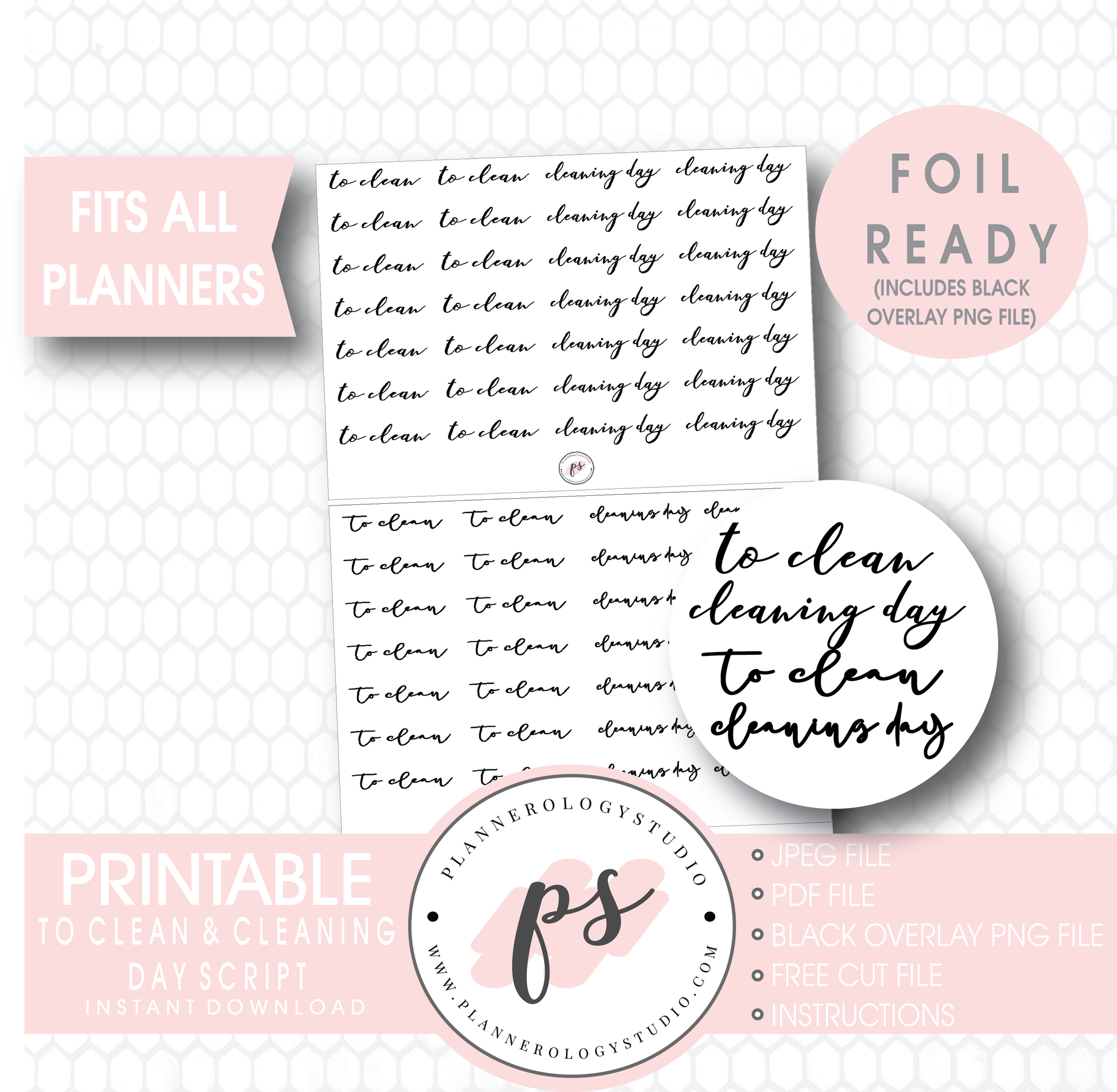 To Clean & Cleaning Day Script Digital Printable Planner Stickers (Foil Ready) - Plannerologystudio