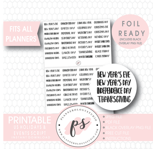 US Holidays & Events Script Digital Printable Planner Stickers (Foil Ready) - Plannerologystudio