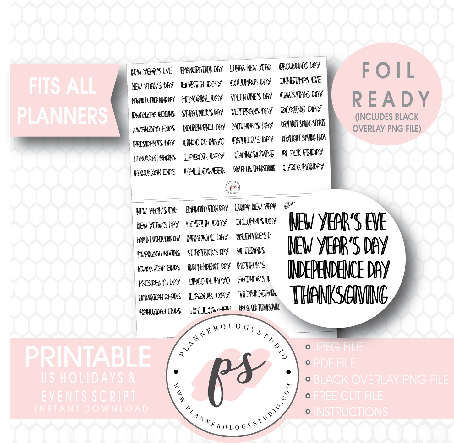 US Holidays & Events Script Digital Printable Planner Stickers (Foil Ready) - Plannerologystudio