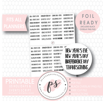 US Holidays & Events Script Digital Printable Planner Stickers (Foil Ready) - Plannerologystudio