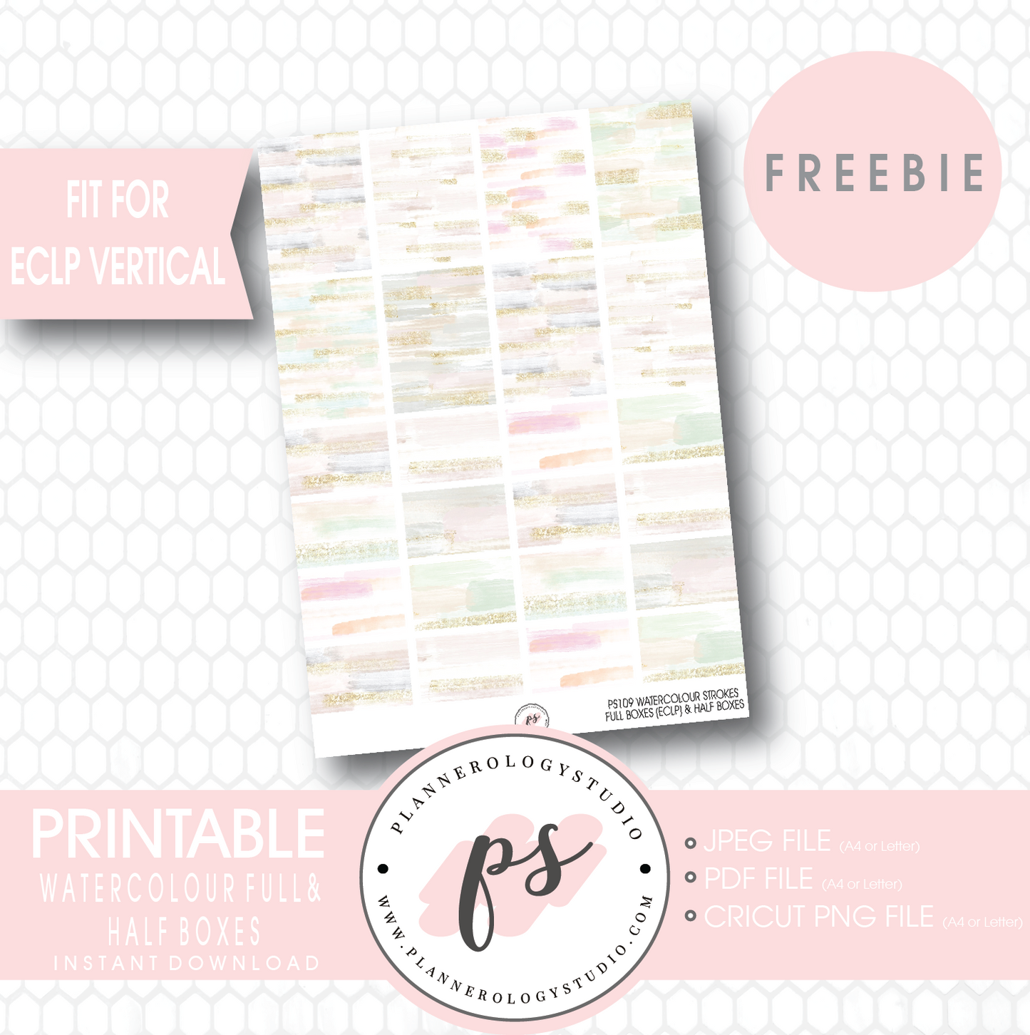 Watercolour Brushstrokes Full & Half Boxes Printable Planner Stickers (PDF/JPG/PNG Freebie) (for ECLP Vertical) - Plannerologystudio