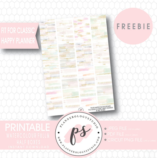 Watercolour Brushstrokes Full & Half Boxes Printable Planner Stickers (PDF/JPG/PNG Freebie) (for Classic Happy Planner) - Plannerologystudio