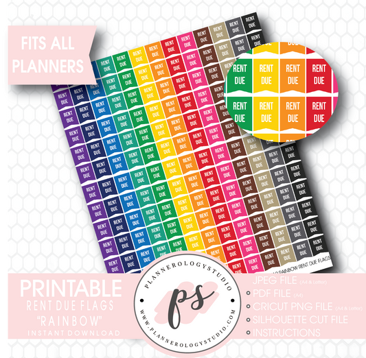 Rainbow Rent Due Flags Printable Planner Stickers - Plannerologystudio