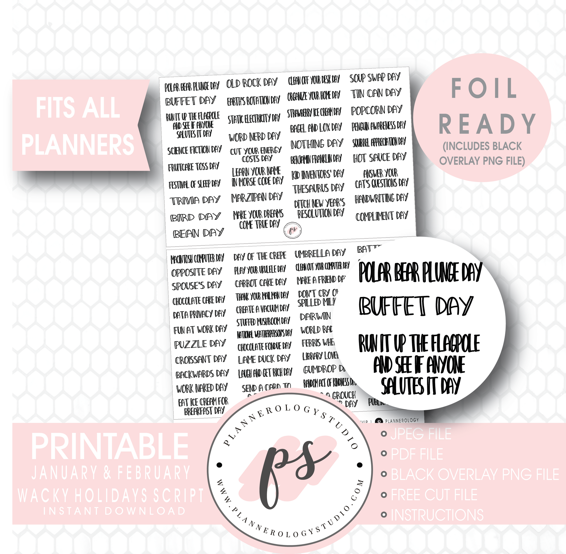 January & February Wacky Holidays Script Digital Printable Planner Stickers (Foil Ready) - Plannerologystudio