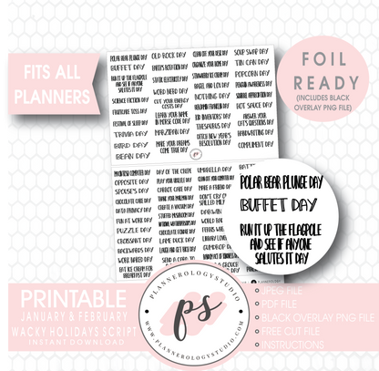 January & February Wacky Holidays Script Digital Printable Planner Stickers (Foil Ready) - Plannerologystudio