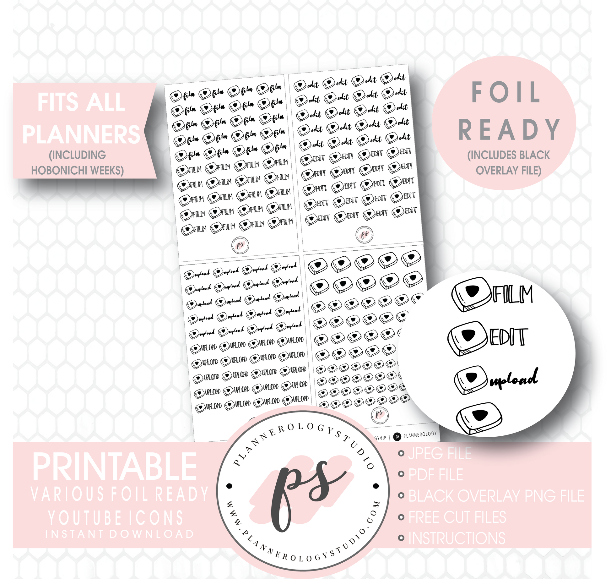 Youtube (Film, Edit, Upload) Script & Icon Digital Printable Planner Stickers (Foil Ready) - Plannerologystudio