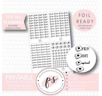 Youtube (Film, Edit, Upload) Script & Icon Digital Printable Planner Stickers (Foil Ready) - Plannerologystudio