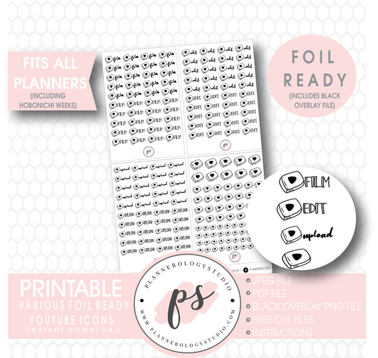 Youtube (Film, Edit, Upload) Script & Icon Digital Printable Planner Stickers (Foil Ready) - Plannerologystudio