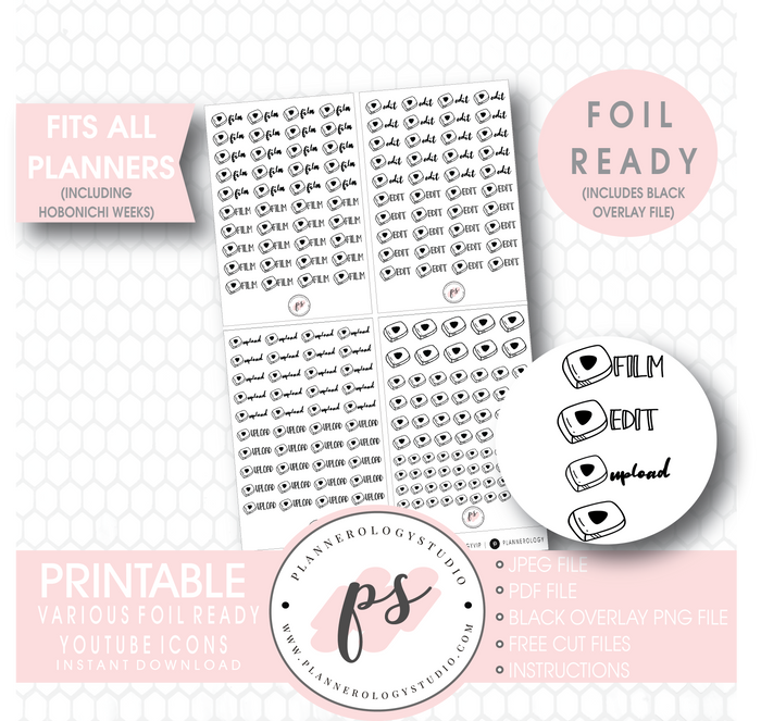 Youtube (Film, Edit, Upload) Script & Icon Digital Printable Planner Stickers (Foil Ready) - Plannerologystudio