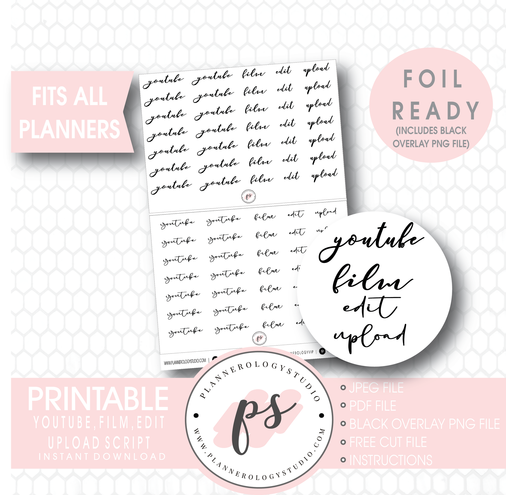 Youtube (Youtube, Film, Edit, Upload) Script Digital Printable Planner Stickers (Foil Ready) - Plannerologystudio