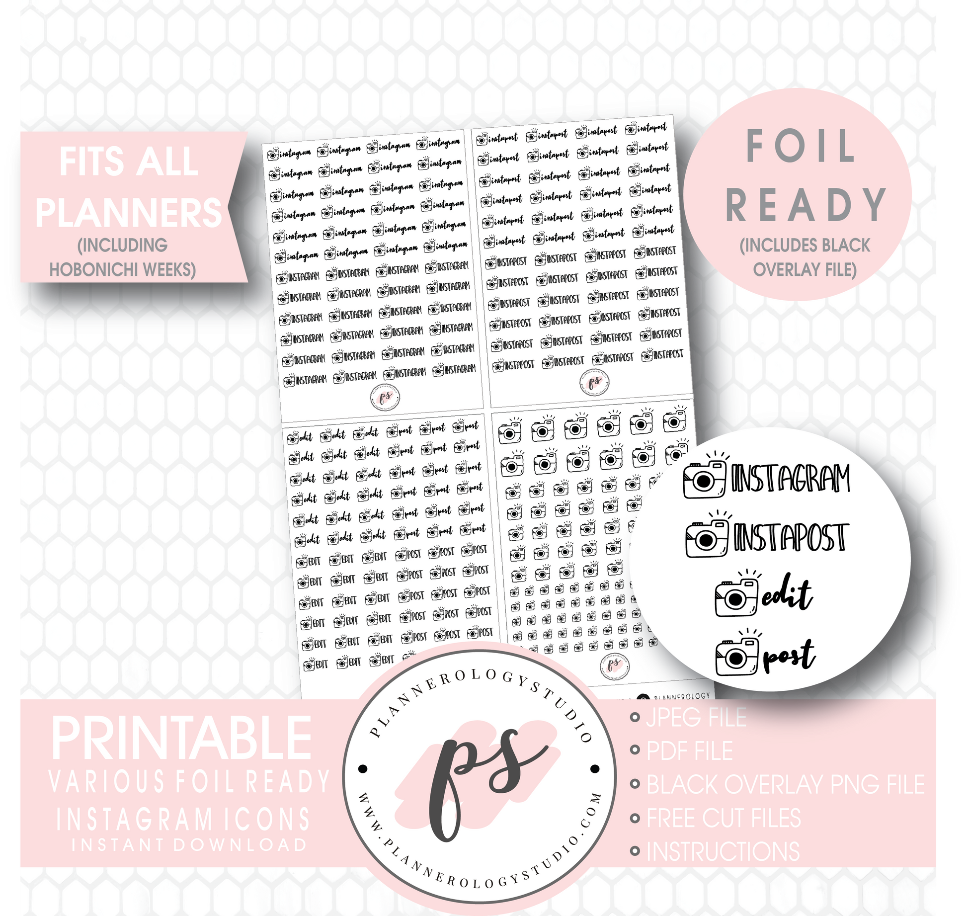 Instagram (Instapost, Edit, Post) Script & Icon Digital Printable Planner Stickers (Foil Ready) - Plannerologystudio