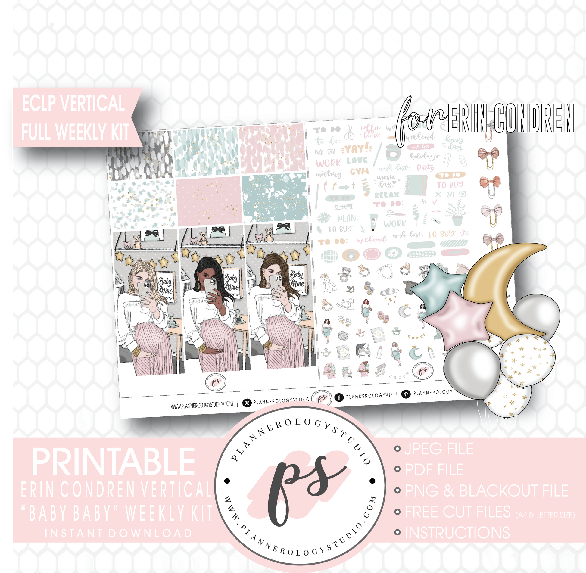 Baby Baby Full Weekly Kit Printable Planner Digital Stickers (for use with Erin Condren Vertical) - Plannerologystudio