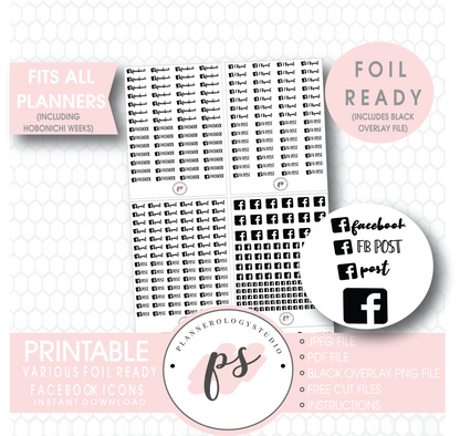 Facebook (FB Post, Post) Script & Icon Digital Printable Planner Stickers (Foil Ready) - Plannerologystudio
