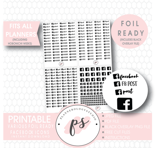 Facebook (FB Post, Post) Script & Icon Digital Printable Planner Stickers (Foil Ready) - Plannerologystudio