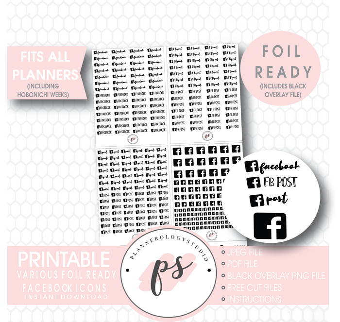 Facebook (FB Post, Post) Script & Icon Digital Printable Planner Stickers (Foil Ready) - Plannerologystudio