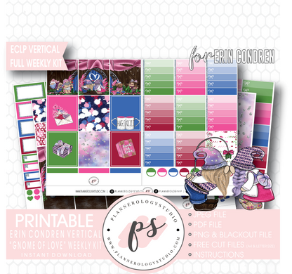 Gnome of Love Valentine's Day Full Weekly Kit Printable Planner Digital Stickers (for use with Erin Condren Vertical) - Plannerologystudio