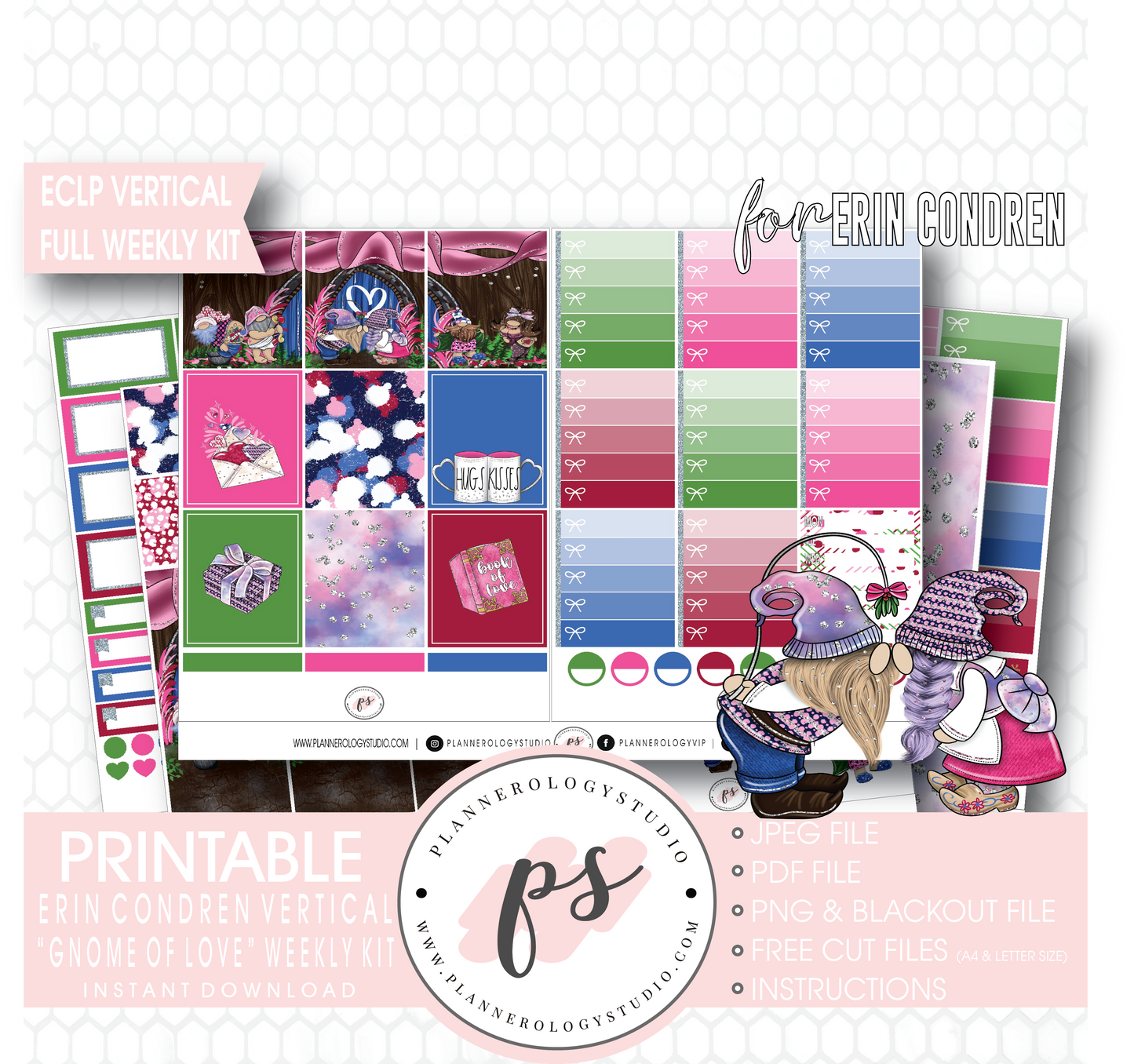 Gnome of Love Valentine's Day Full Weekly Kit Printable Planner Digital Stickers (for use with Erin Condren Vertical) - Plannerologystudio