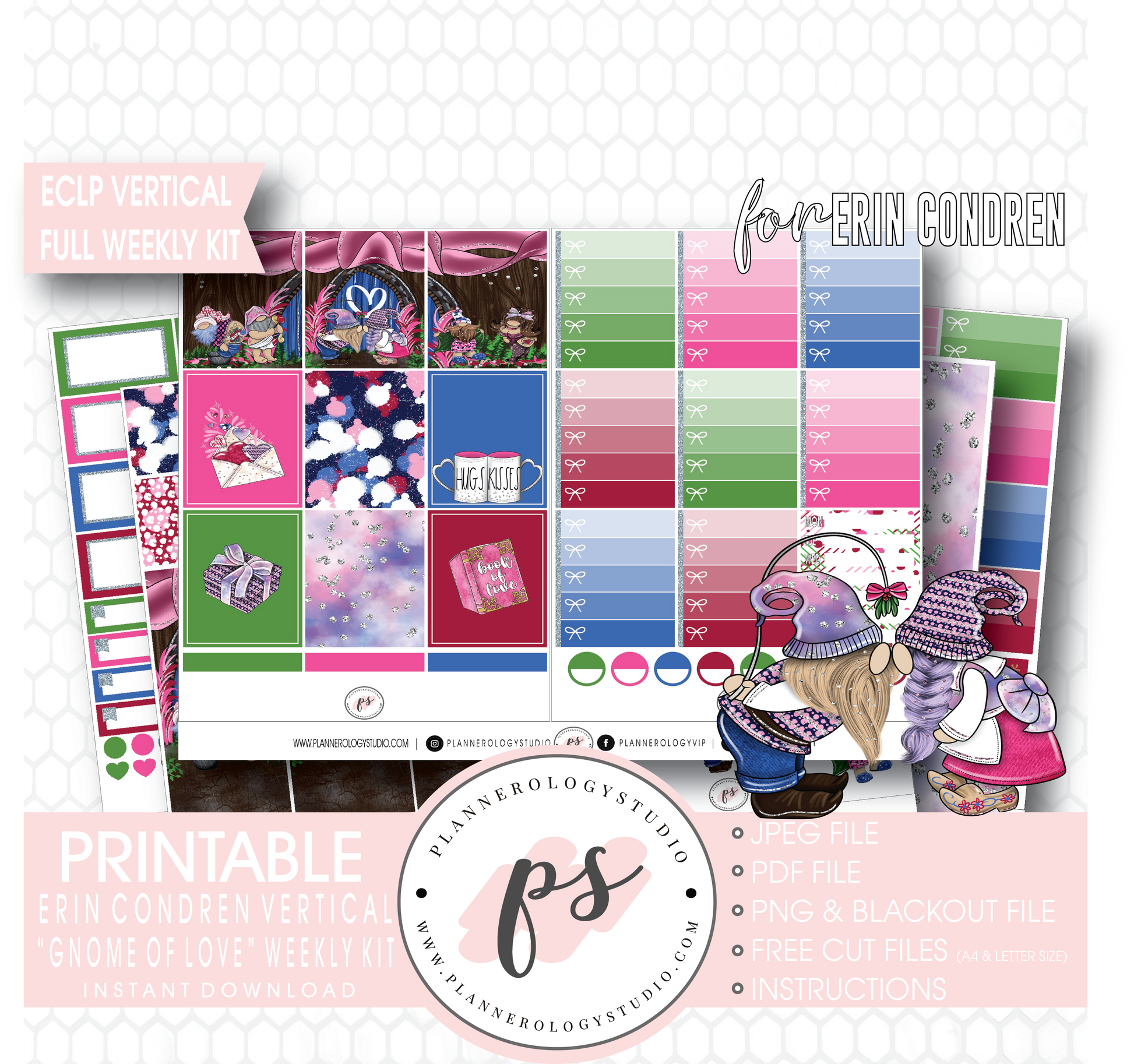 Gnome of Love Valentine's Day Full Weekly Kit Printable Planner Digital Stickers (for use with Erin Condren Vertical) - Plannerologystudio