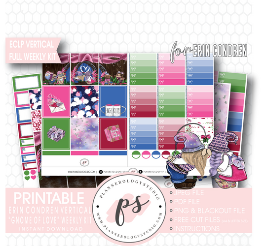 Gnome of Love Valentine's Day Full Weekly Kit Printable Planner Digital Stickers (for use with Erin Condren Vertical) - Plannerologystudio