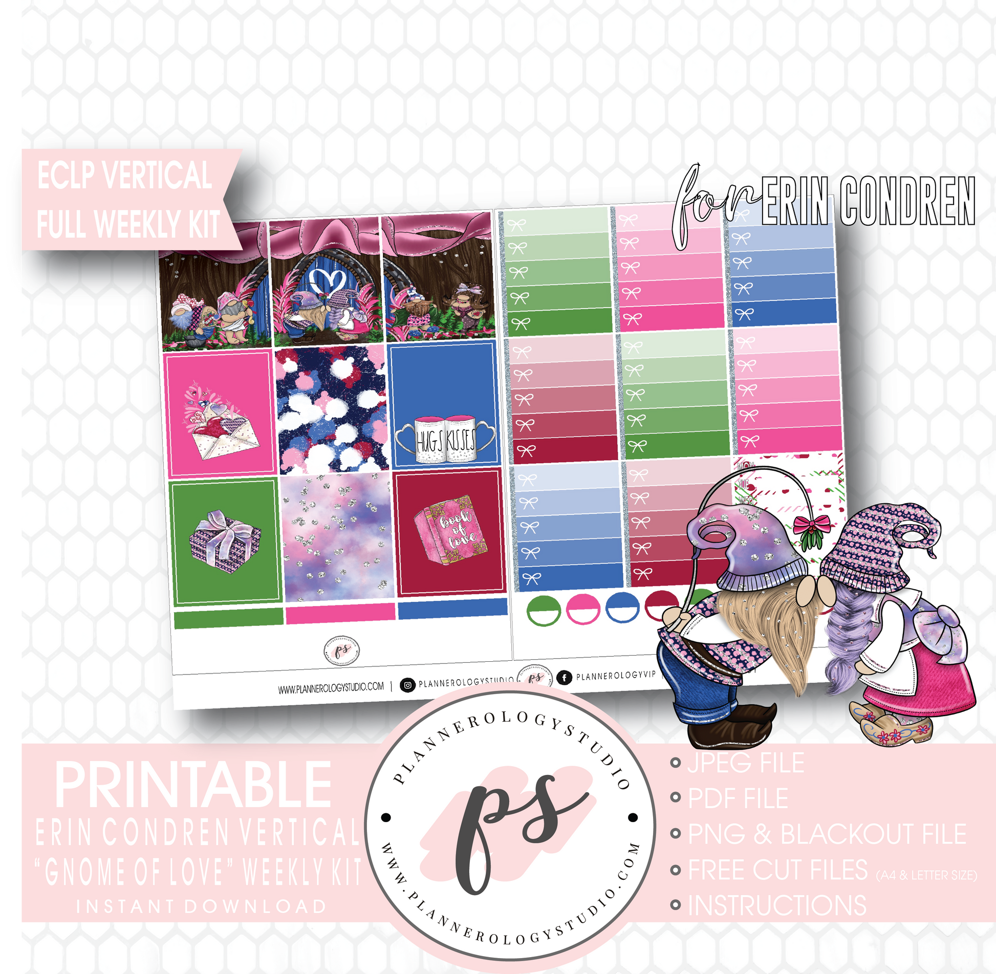 Gnome of Love Valentine's Day Full Weekly Kit Printable Planner Digital Stickers (for use with Erin Condren Vertical) - Plannerologystudio