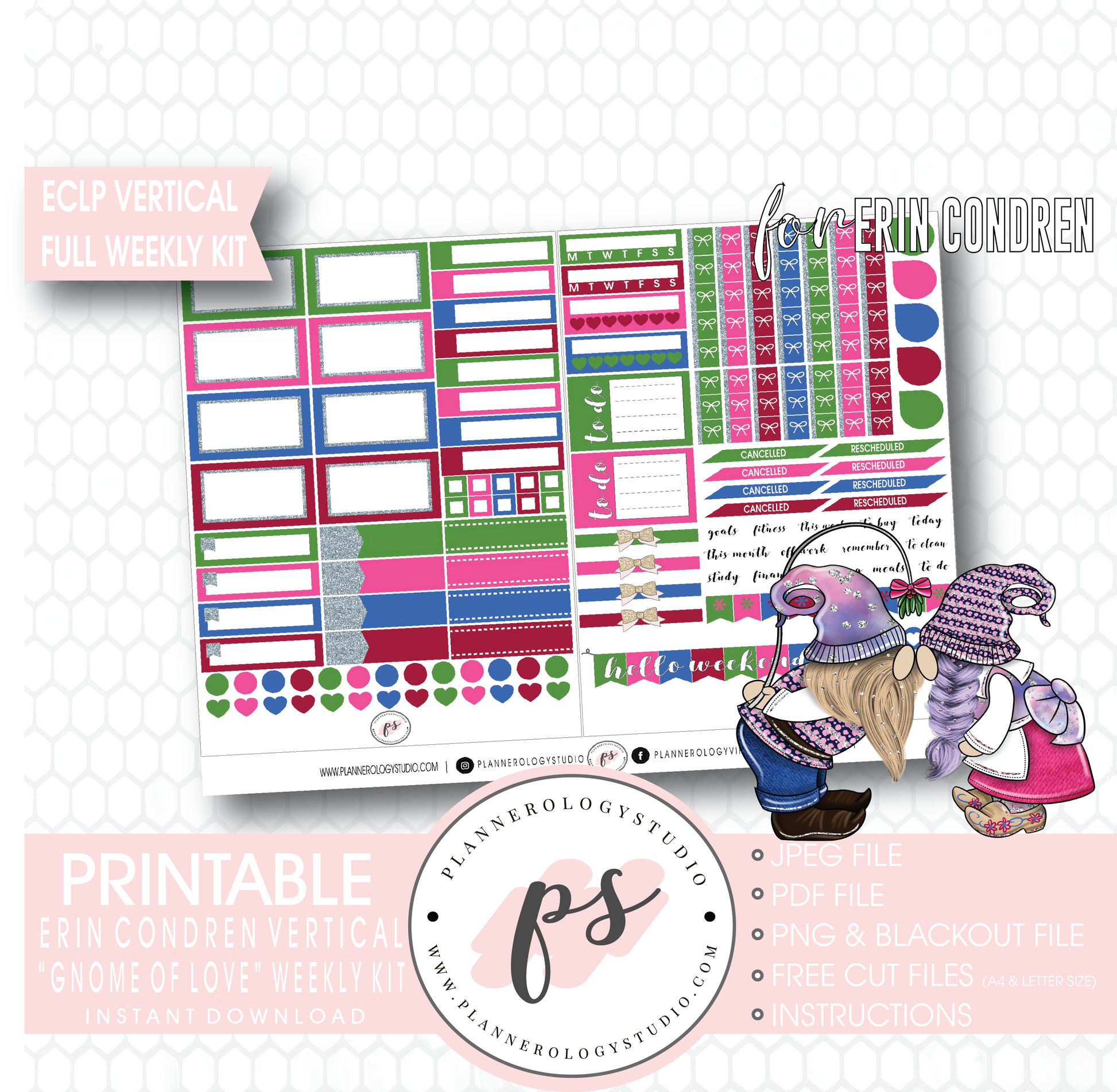 Gnome of Love Valentine's Day Full Weekly Kit Printable Planner Digital Stickers (for use with Erin Condren Vertical) - Plannerologystudio