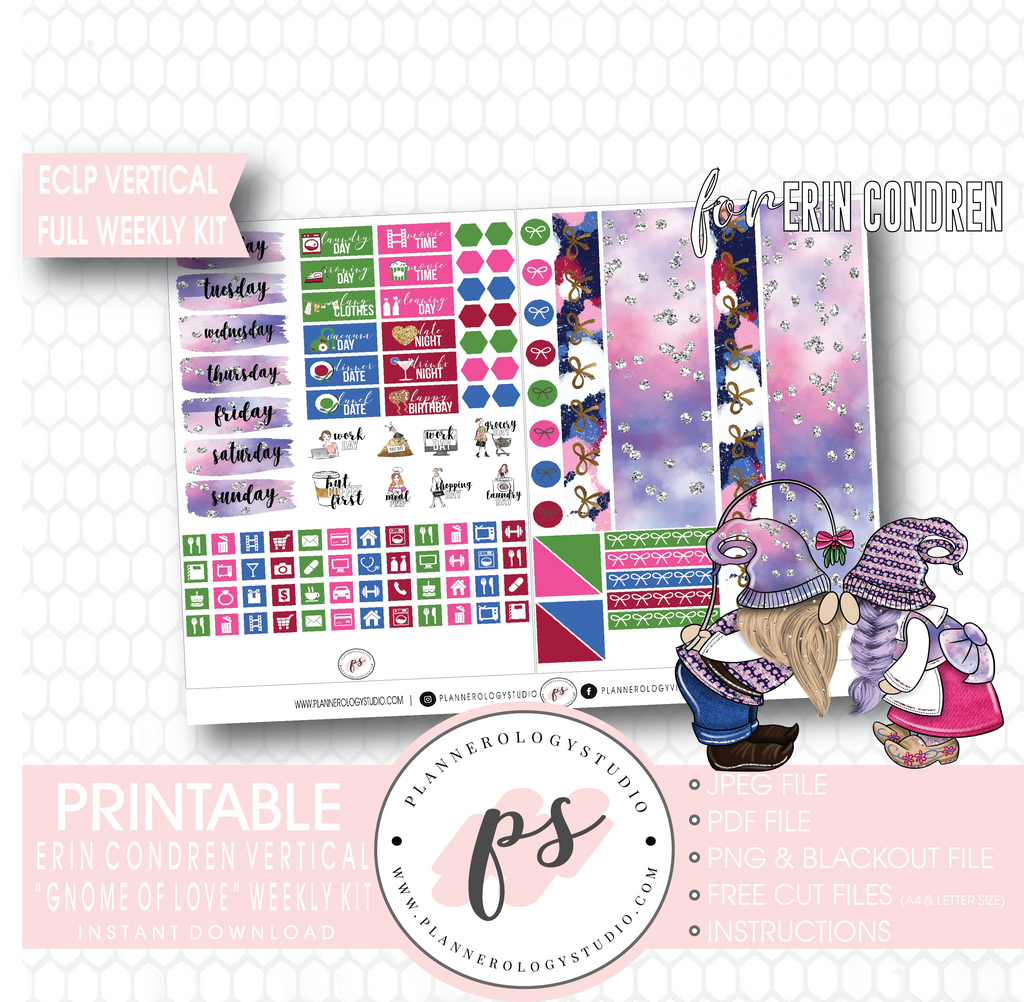 Gnome of Love Valentine's Day Full Weekly Kit Printable Planner Digital Stickers (for use with Erin Condren Vertical) - Plannerologystudio