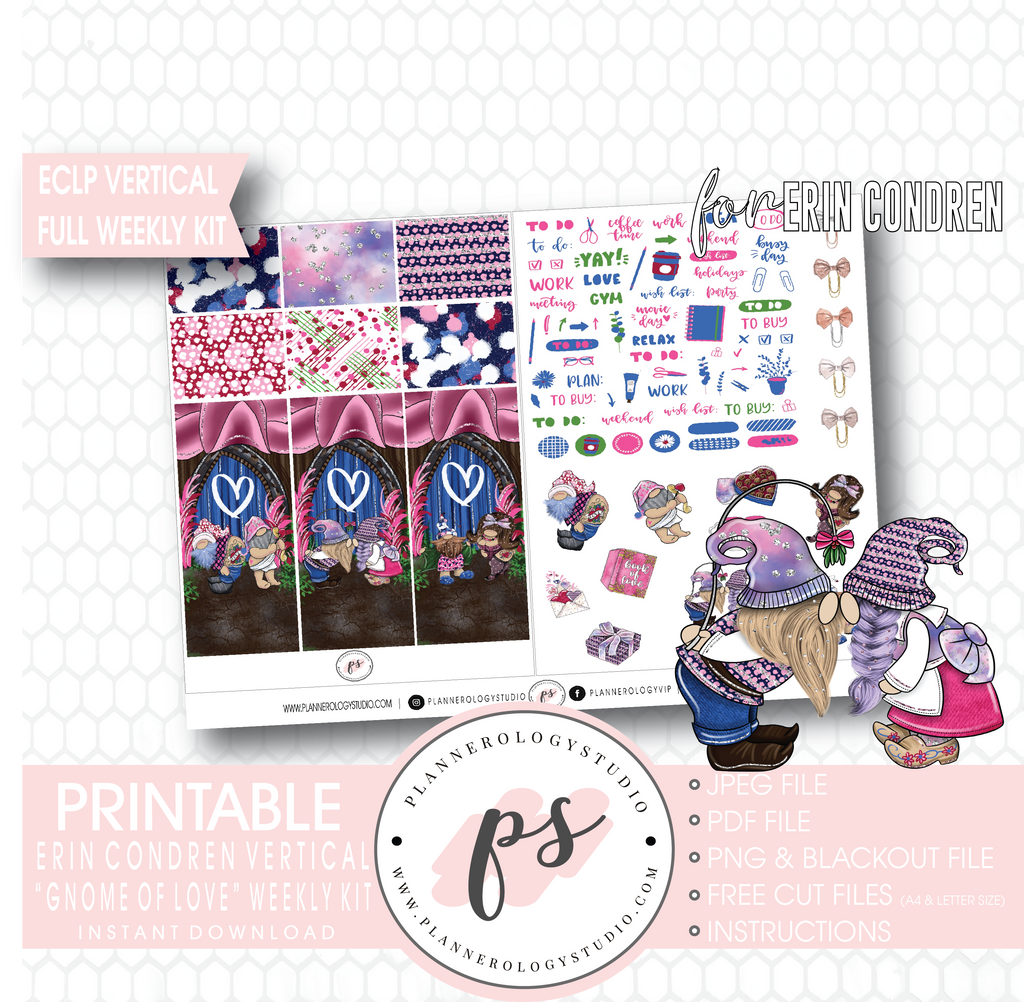 Gnome of Love Valentine's Day Full Weekly Kit Printable Planner Digital Stickers (for use with Erin Condren Vertical) - Plannerologystudio