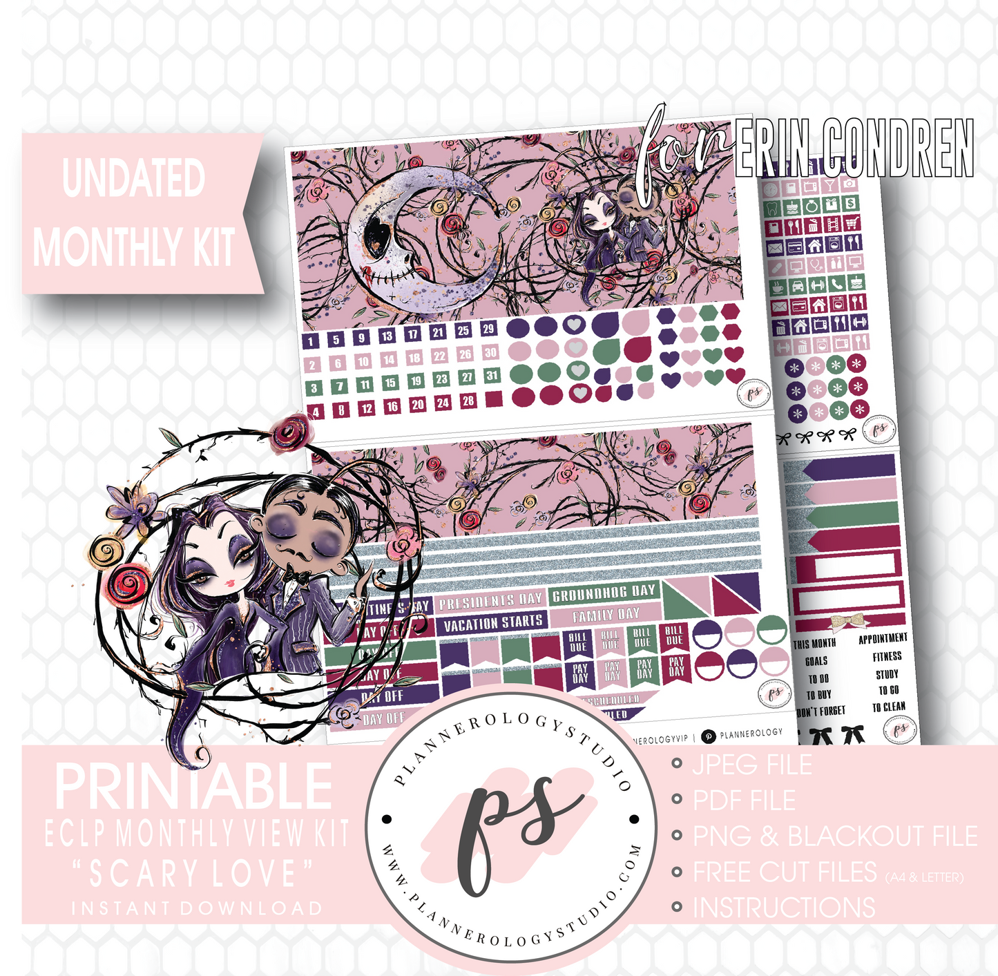 Scary Love Undated Monthly View Kit Digital Printable Planner Stickers (for Standard A5 Wide Monthly 1.6" Width Date Boxes)