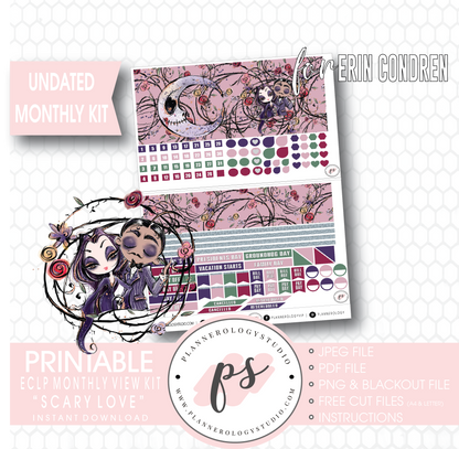 Scary Love Undated Monthly View Kit Digital Printable Planner Stickers (for Standard A5 Wide Monthly 1.6" Width Date Boxes)