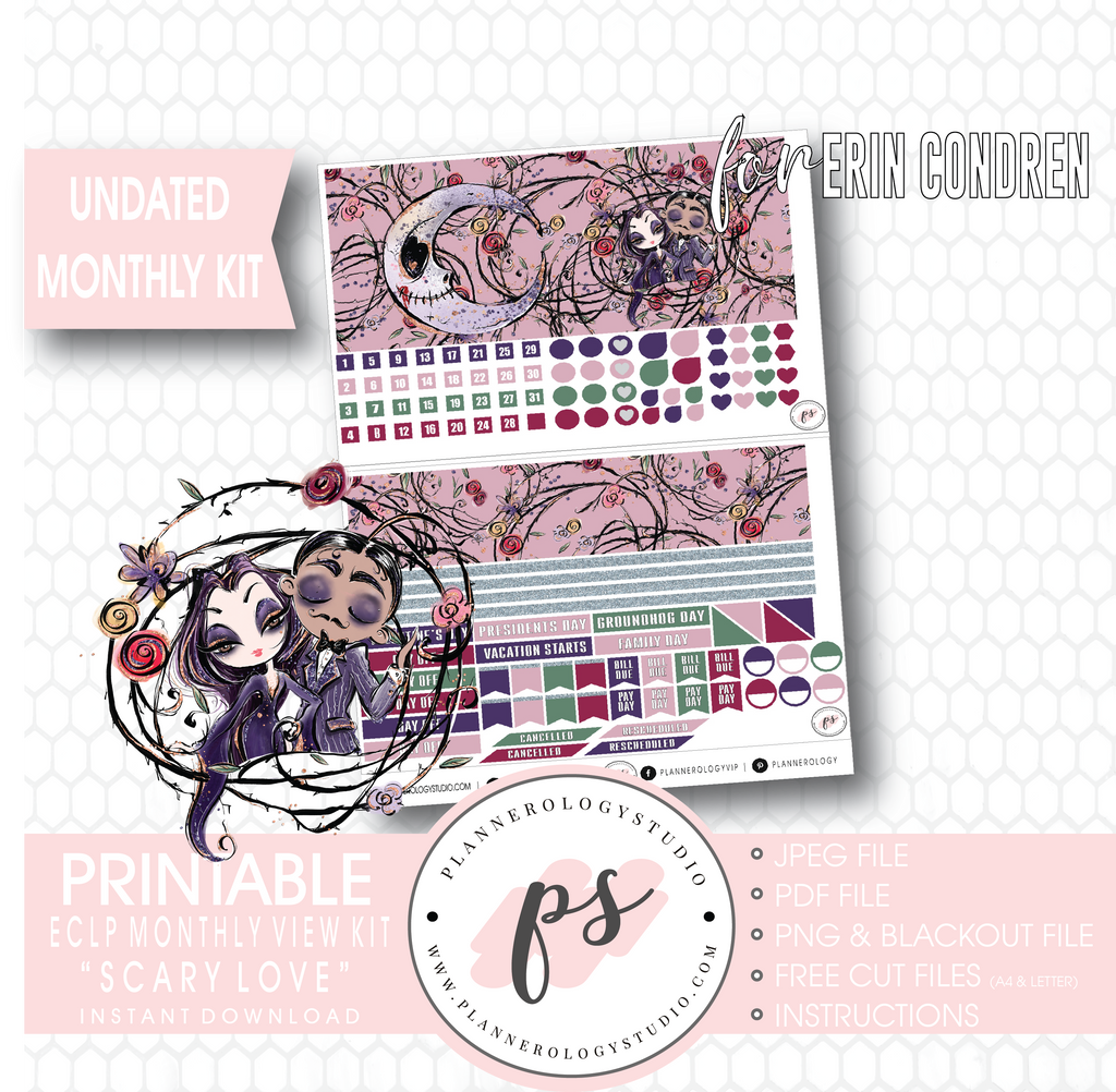 Scary Love Undated Monthly View Kit Digital Printable Planner Stickers (for Standard A5 Wide Monthly 1.6" Width Date Boxes)