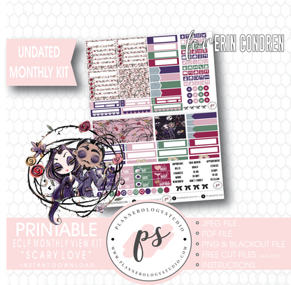 Scary Love Undated Monthly View Kit Digital Printable Planner Stickers (for Standard A5 Wide Monthly 1.6" Width Date Boxes)