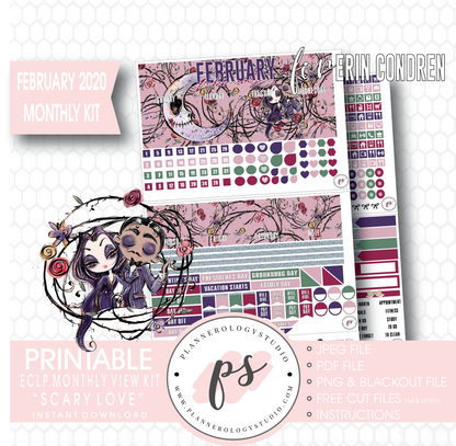 Scary Love (Valentines Day) February 2020 Monthly View Kit Digital Printable Planner Stickers (for use with Erin Condren) - Plannerologystudio