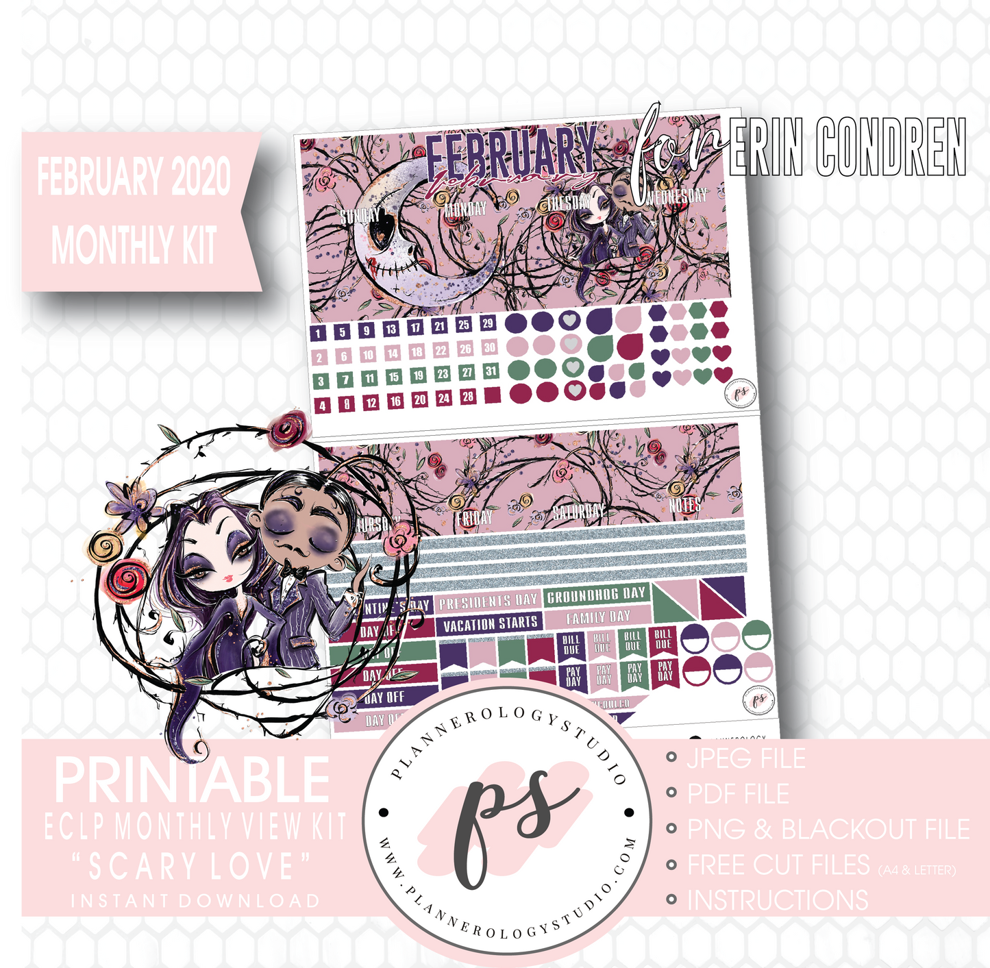 Scary Love (Valentines Day) February 2020 Monthly View Kit Digital Printable Planner Stickers (for use with Erin Condren) - Plannerologystudio