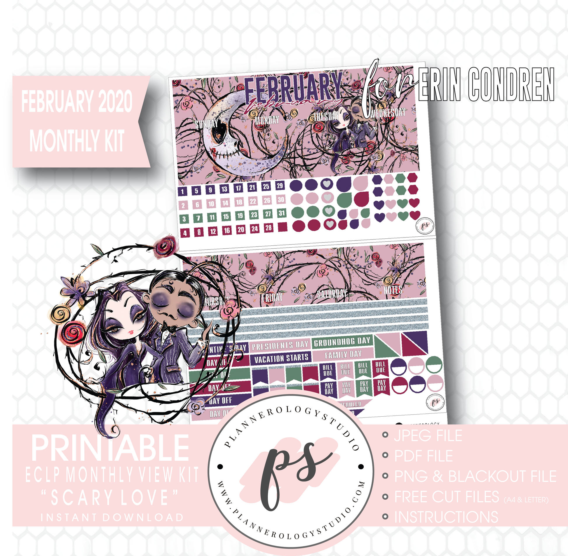Scary Love (Valentines Day) February 2020 Monthly View Kit Digital Printable Planner Stickers (for use with Erin Condren) - Plannerologystudio