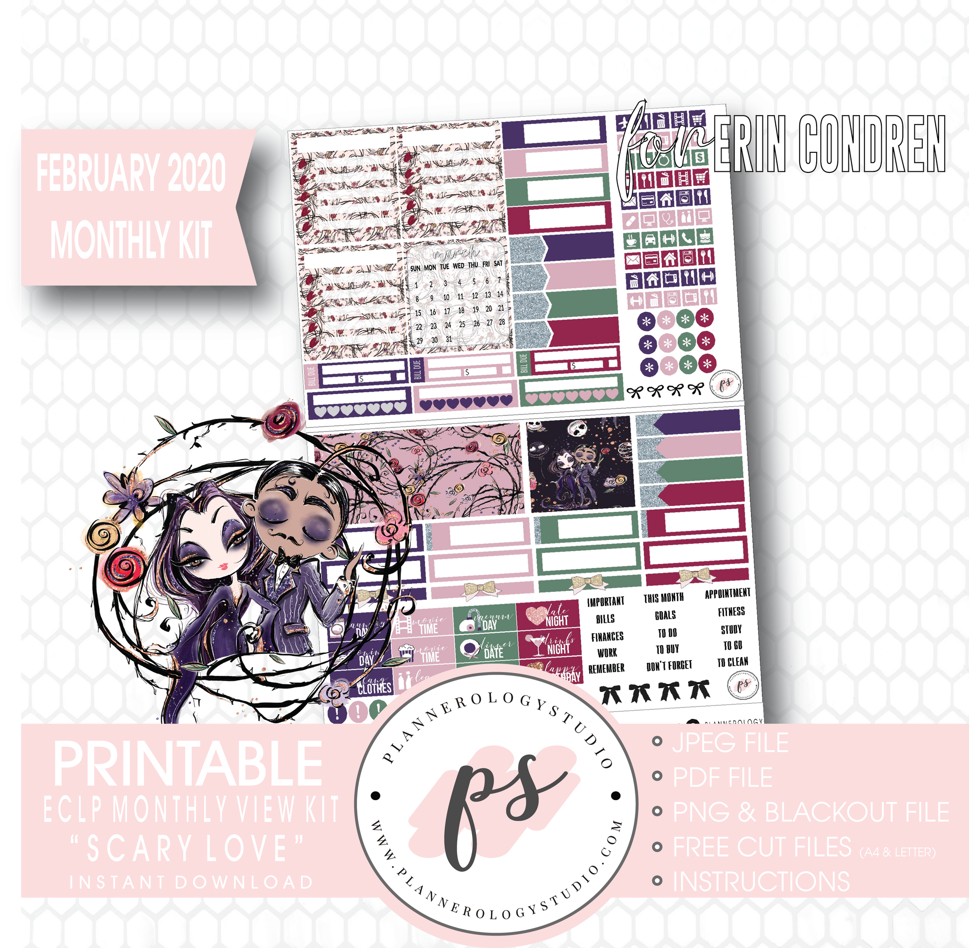 Scary Love (Valentines Day) February 2020 Monthly View Kit Digital Printable Planner Stickers (for use with Erin Condren) - Plannerologystudio