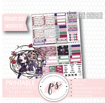 Scary Love (Valentines Day) February 2020 Monthly View Kit Digital Printable Planner Stickers (for use with Erin Condren) - Plannerologystudio