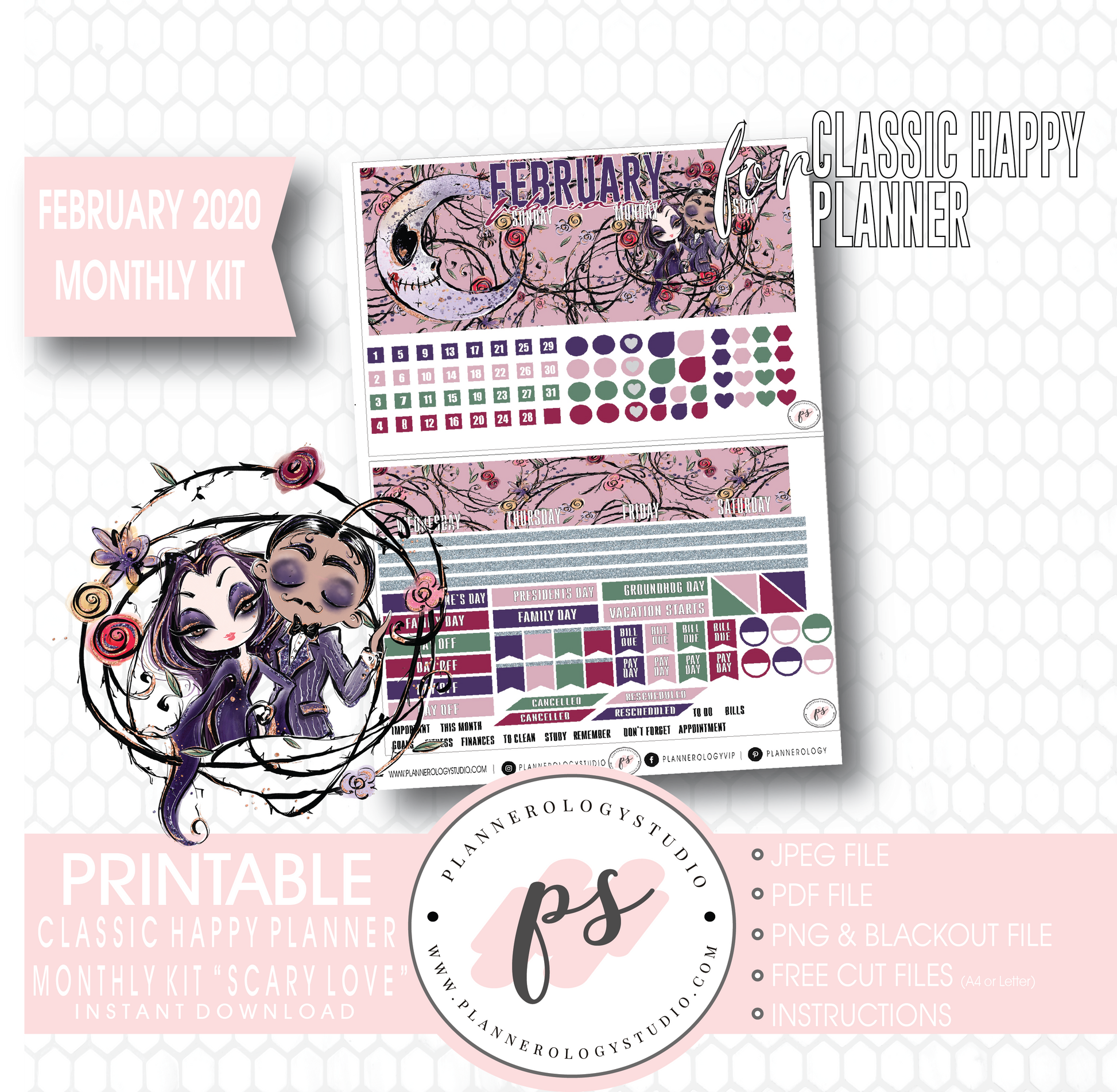 Scary Love (Valentines Day) February 2020 Monthly View Kit Digital Printable Planner Stickers (for use with Classic Happy Planner) - Plannerologystudio
