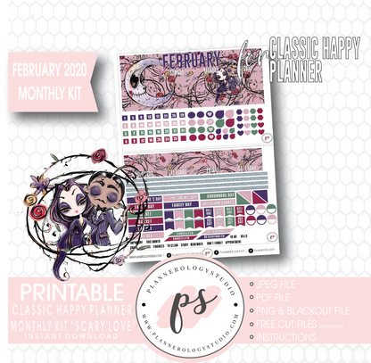 Scary Love (Valentines Day) February 2020 Monthly View Kit Digital Printable Planner Stickers (for use with Classic Happy Planner) - Plannerologystudio